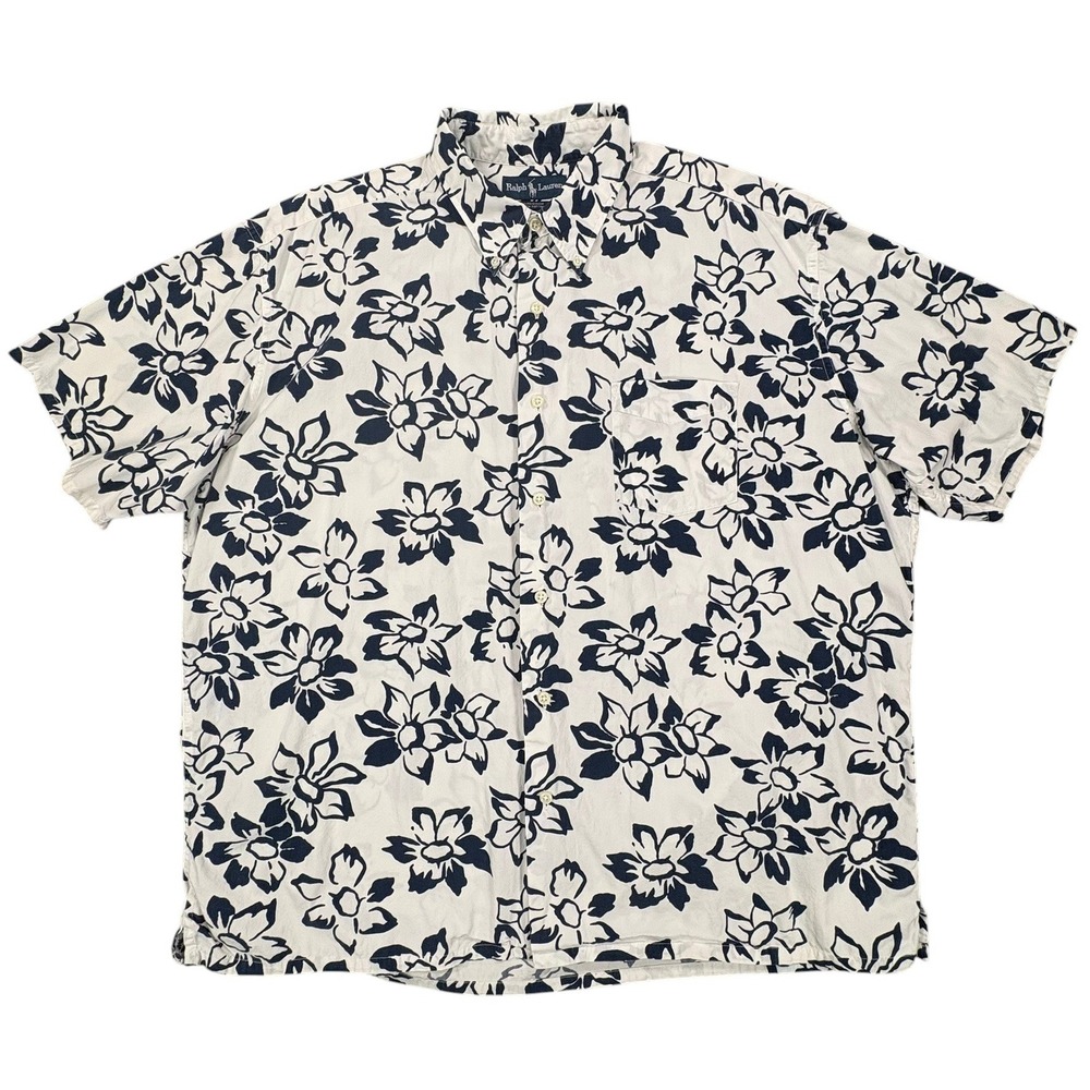 Vintage Ralph Lauren Greggor Button Down Shirt Mens XL White Navy Floral Y2K